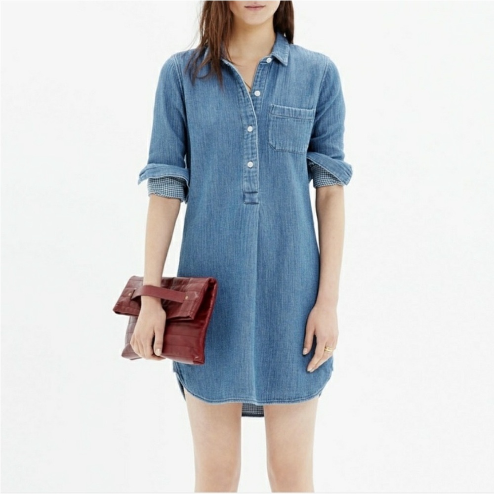 Madewell Blue Long Sleeve Chambray Denim Popover Dress